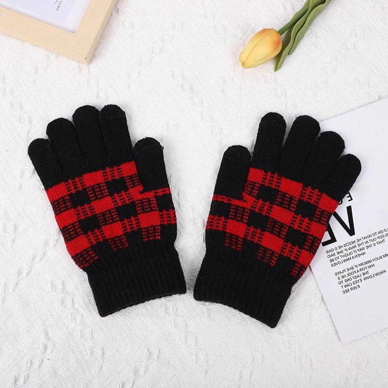 Winter Fashion Retro Plaid Gloves Outdoor Cycling Warm Five-Finger Knitted Gloves