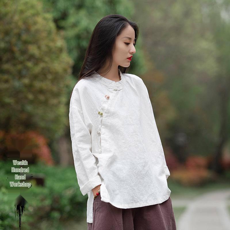 Chemise rétro pour femme printemps/été 2025 en coton lin avec col montant et design color block