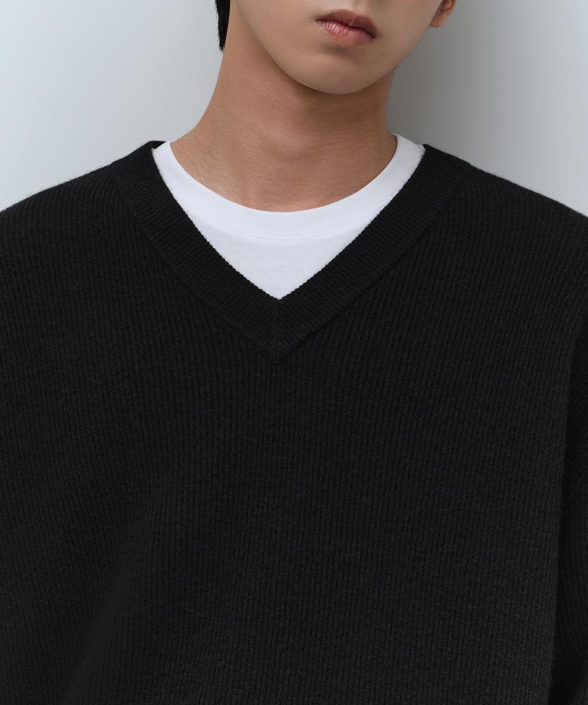 MUSINSA STANDARD [Victoria Wool] Minimal Ribbed V-Neck Knit [Black]