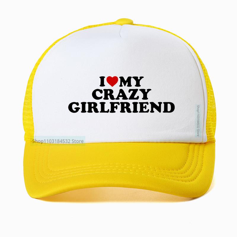Funny I Love My Crazy Girlfriend GF Red Heart Baseball Cap Birthday Gift Summer Adjustable Mesh Breathable Trucker Hat