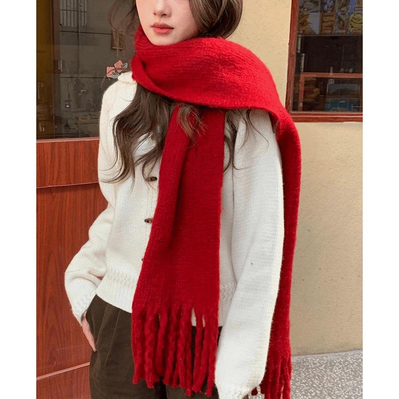New Christmas Red Scarf Women's Winter Warm Thickened Versatile Solid Color Knitted Fringed Scarf Shawl Student