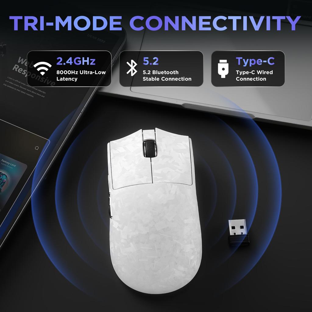 YUNZII M2 Dual 8K Wireless Gaming Mouse with PAW3395 DPI Technical Standards Compliance Certified Sensor, 6-Stage Switching, (White)
