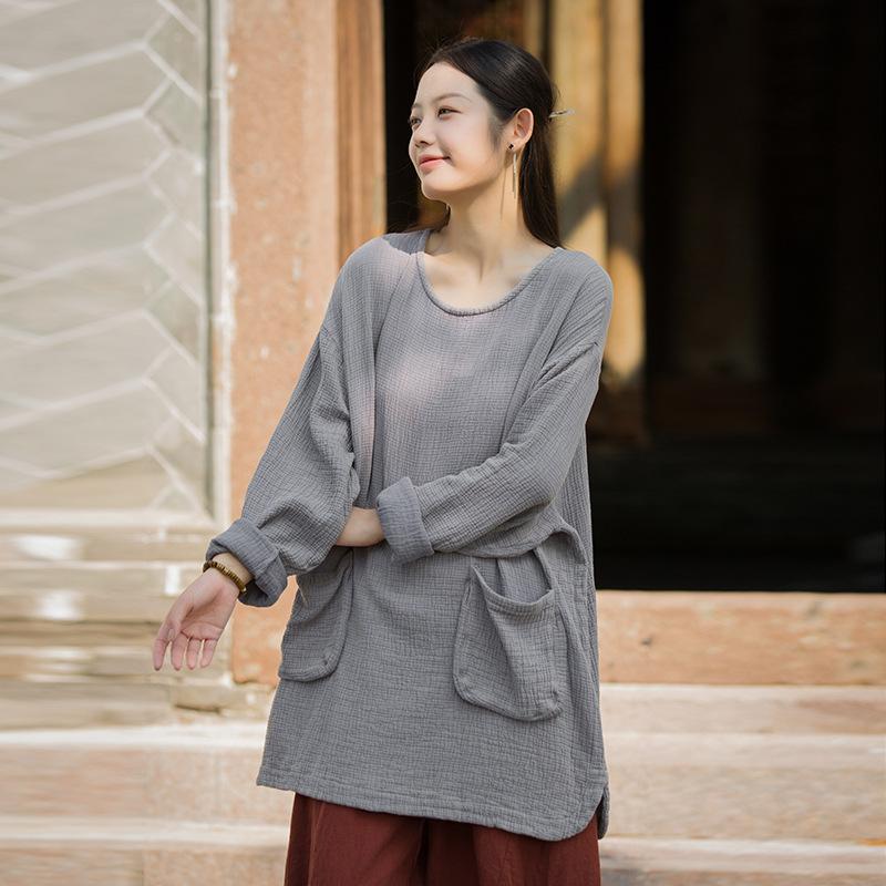 Johnature Women Vintage T-Shirts O-Neck Long Sleeve Patchwork Pockets Autumn Solid Color Loose T-Shirts