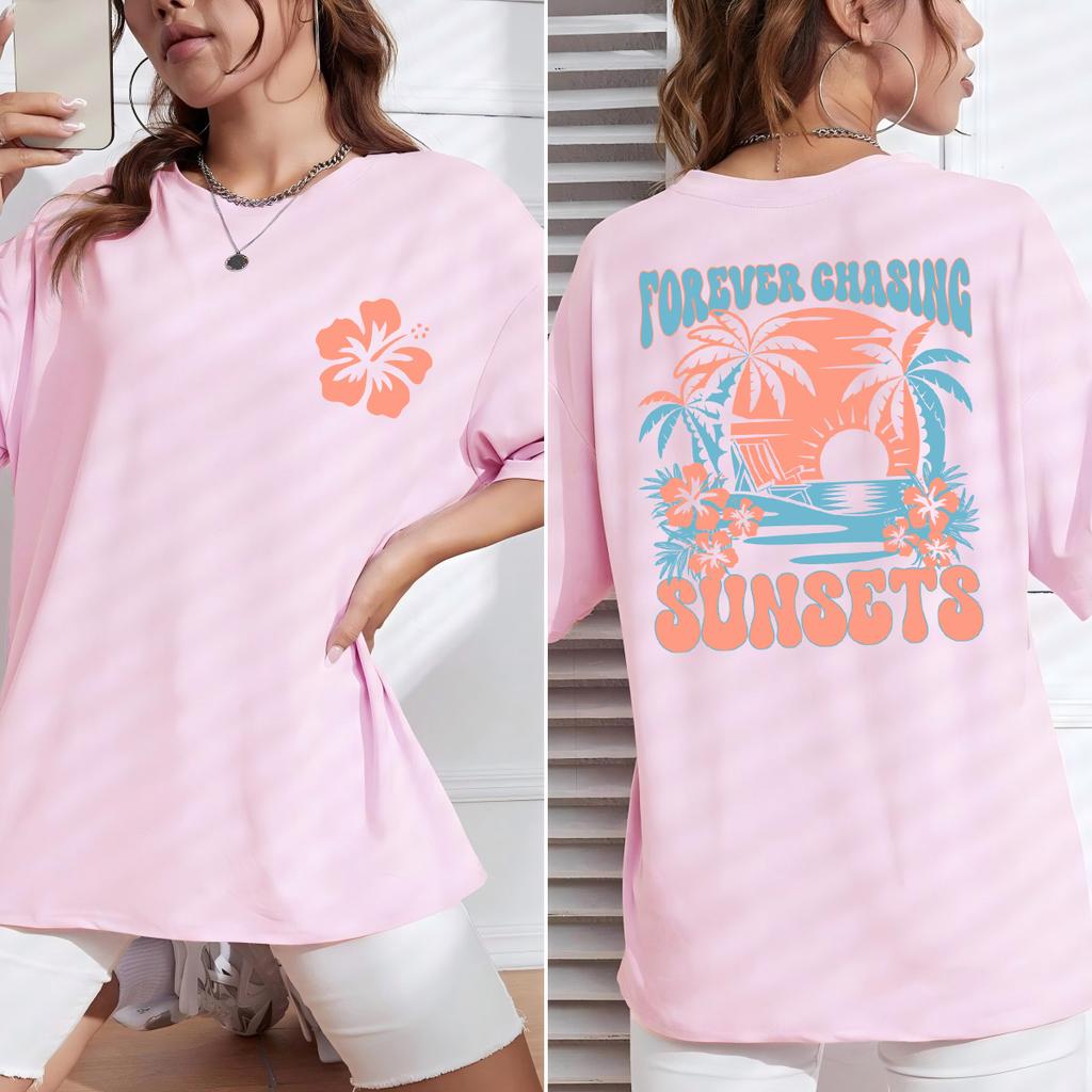 Forever Chasing Sunsets Beach Coconut Tree Print T-Shirt Women Summer All-Match T Shirt Y2K Soft Clothes Loose Tops