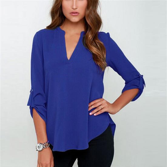 Summer Shirt Solid Color Ruched Loose Three Quarter Sleeves Low-cut Commute V Neck Plus Size Mid Length Summer Blouse Female Clothing