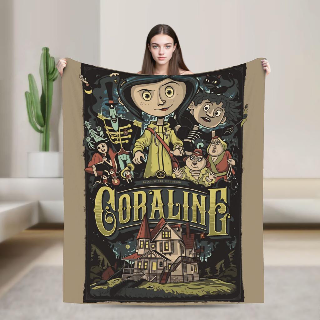 Coralines Animated Movie Blanket  Travel Flannel Throw Blanket For Living Room Warm Soft Custom DIY Quality Bedspread Gift Idea