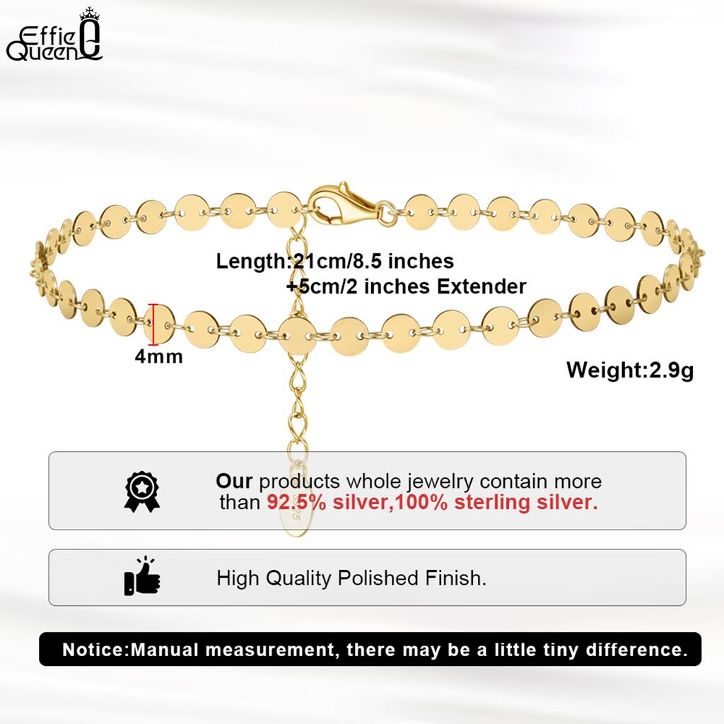 Effie Queen 100% 925 Sterling Silber 14 Karat Gold Runde Gliederkette Fußkettchen Einfacher Schmuck für Damen Sommer Strand Geburtstage Geschenk SA25