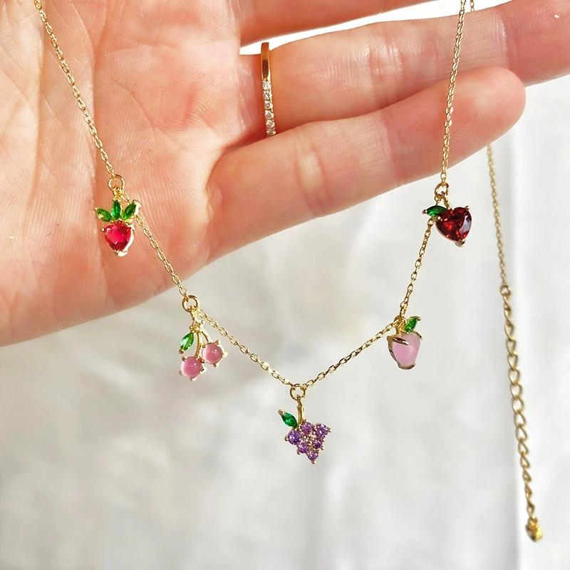 Sweet Fruit Summer Apple Strawberry Cherry Grape Peach Fun Collarbone Chain Personality Pendant Necklace