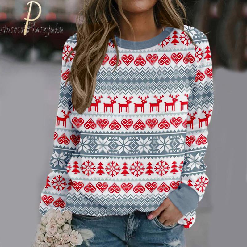 Weihnachtsdruck, langärmelig, lässig, Sweatshirt, Bluse, Pullover, Weihnachten, Strickpullover, Pullover, Top, Pullover, Damen-Sweatshirt
