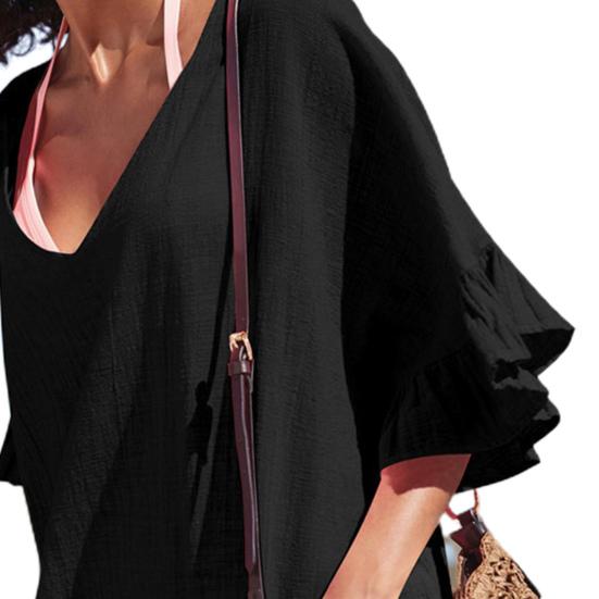 Bikini Cover Up Ruffles V Neck Ladies Elegant Pure Color Sundress for Beach