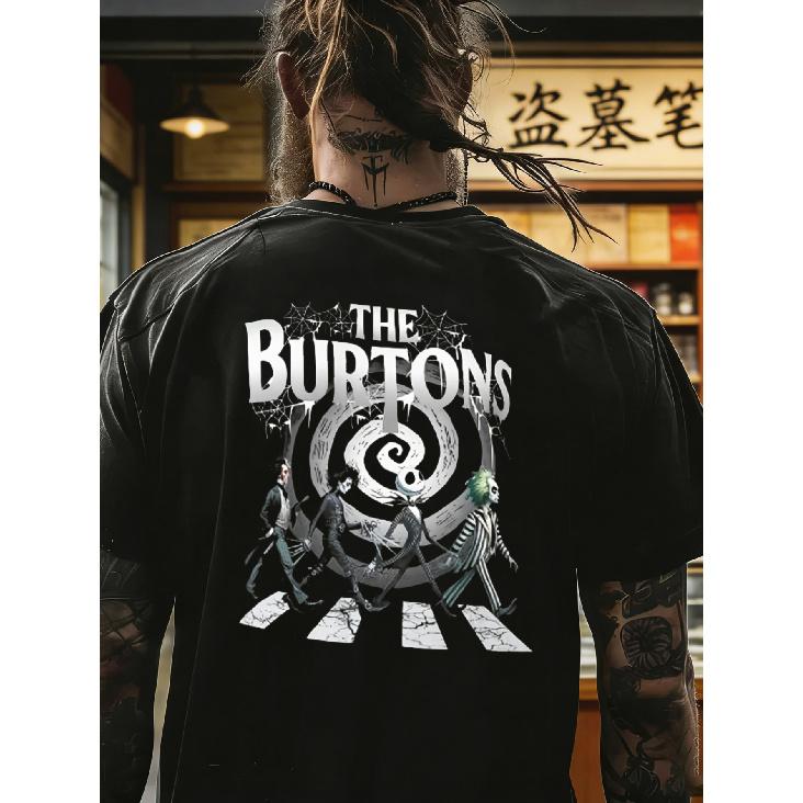 Men's T-Shirt Black The Burtons Gothic Characters And Spiral Design for Halloween And Casual Wear
