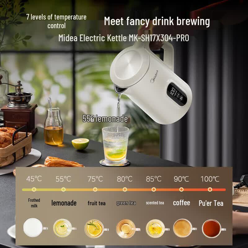 Midea 1.7L 316L Stainless Steel Electric Kettle with Digital Display CN plug (adapter included)