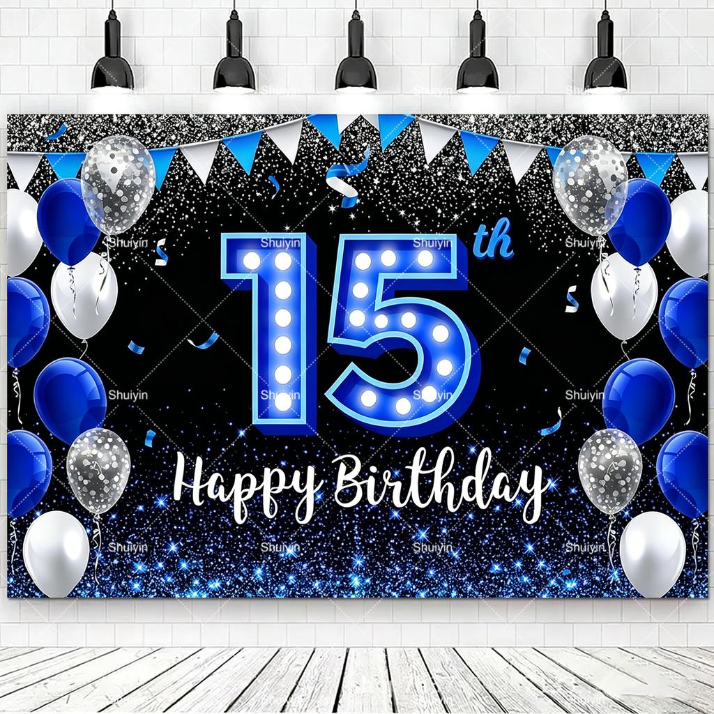 2D Happy Birthday Backdrop Black Blue Balloon Customized Age Kids Adults 18th 20th 30th 40th Birthday Decorations Party Supplies