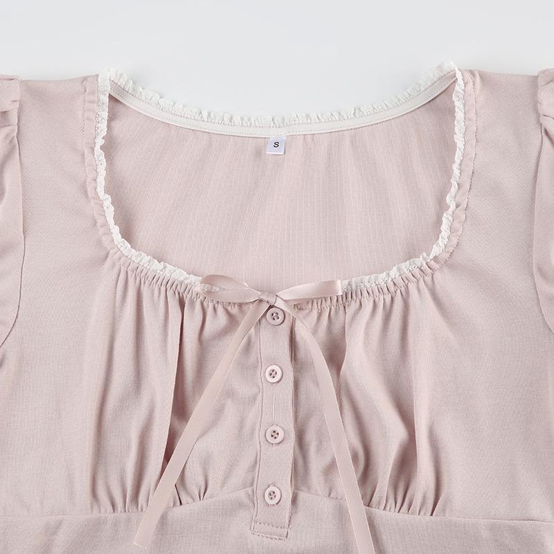 French Romantic Pleated Lace U-Neck Puff Sleeve Slim Fit Casual Top