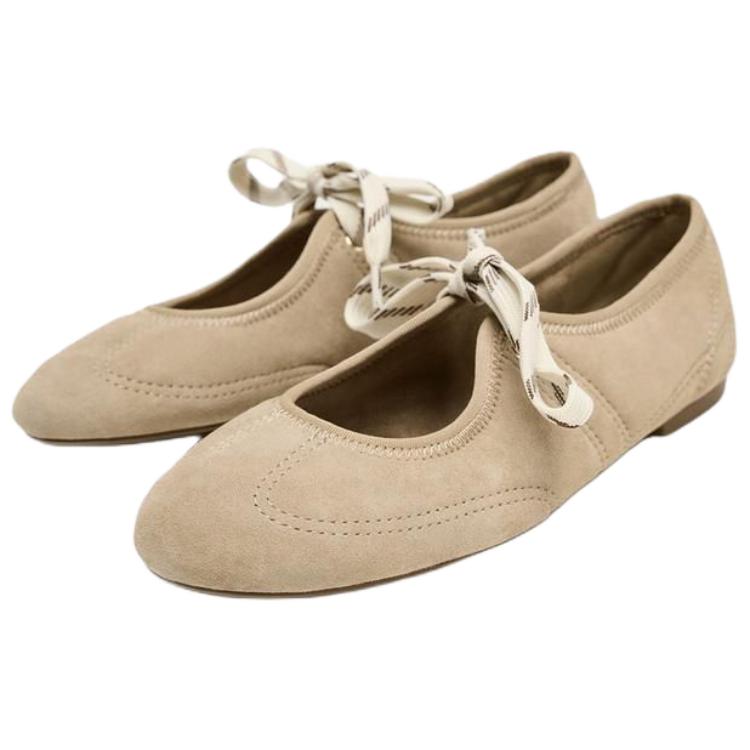 Zara Lightweight Vintage Suede Lace-Up Ballet Casual Flats Women Flats Brown 12539510107