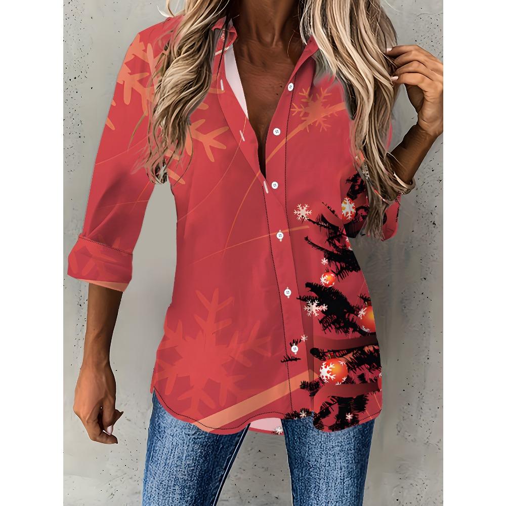 Large Size Women's Long Sleeve Shirt Christmas Theme Loose Printed Shirt Christmas Tree Pattern Medium and Long