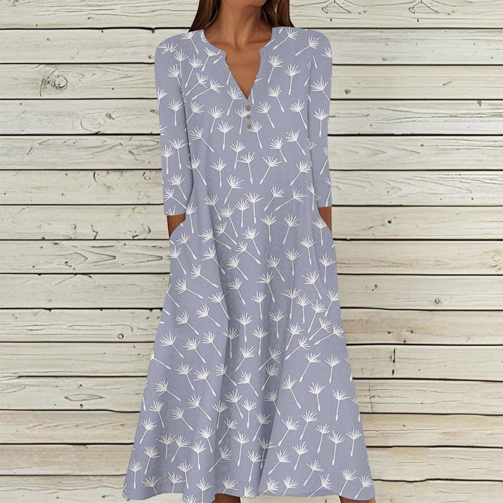 Women's Summer Casual V-Neck Button Vintage Floral Print Three-quarter Sleeve Long Dress With Pockets