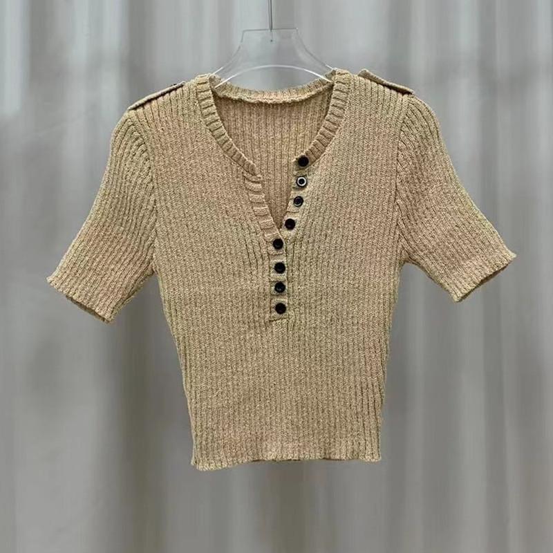 Kolorowe Koszulki Dzianinowe z Dekoltem V i Klamrą na Sznurki Krótki Fason Letnie Cienkie Dopasowane Sto Małych Koszulek Topy Damskie Codzienne Niezbędne Dopasowane Pulowery T-shirty