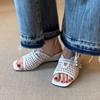 Sheepskin Version~ French One-word Slippers Women's Wedge Heel Leather Retro Woven Hollow Square Head Outer Wear Xia Liang Slippers
