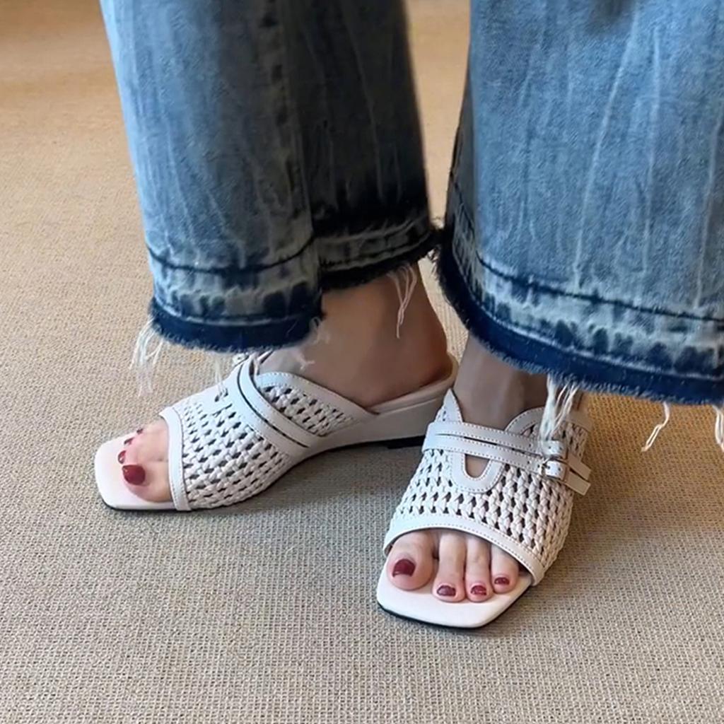 Sheepskin Version~ French One-word Slippers Women's Wedge Heel Leather Retro Woven Hollow Square Head Outer Wear Xia Liang Slippers