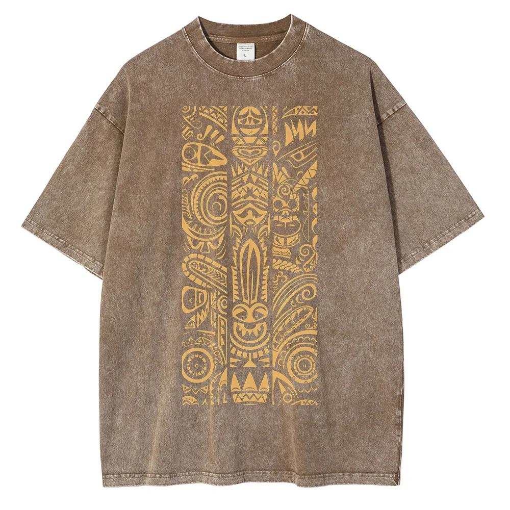 Tribal Tattoo Style Pattern printed T-shirt Summer Men's and Women's Fashion water wash vintage T-shirt Style top