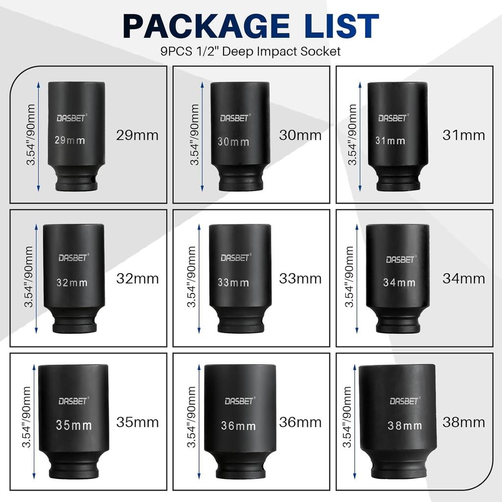 DASBET 1/2" Drive Deep Impact Socket Set 9PCS Axle Nut Impact Socket Set 6 Point 29-38mm Drive Metric Axle Hub Nut Set
