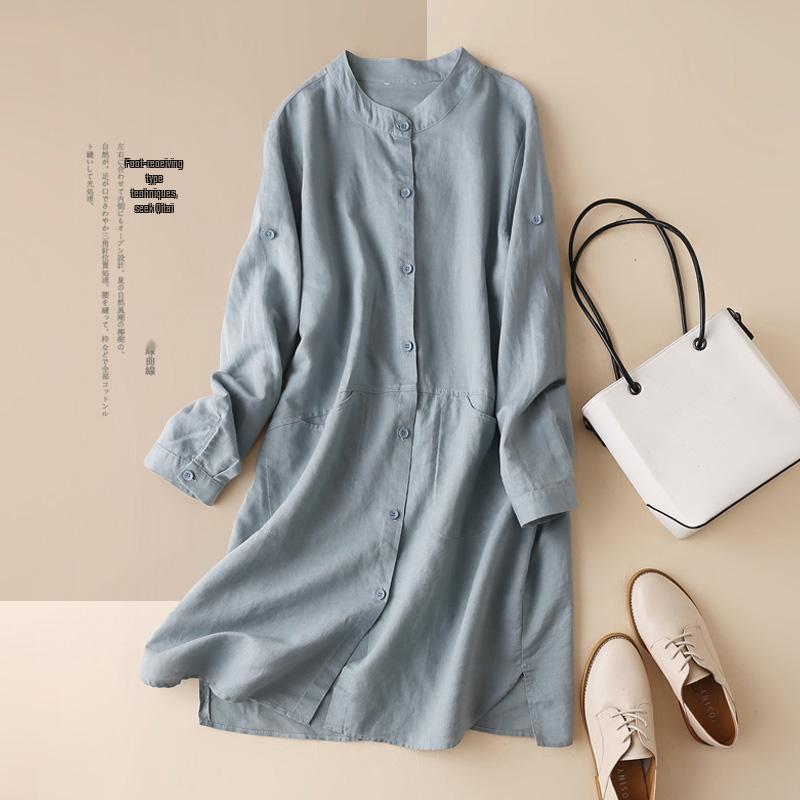 Spring 2025 Women s Loose Fit Woven Shirt with Stand Collar and Long Sleeves Medium синий