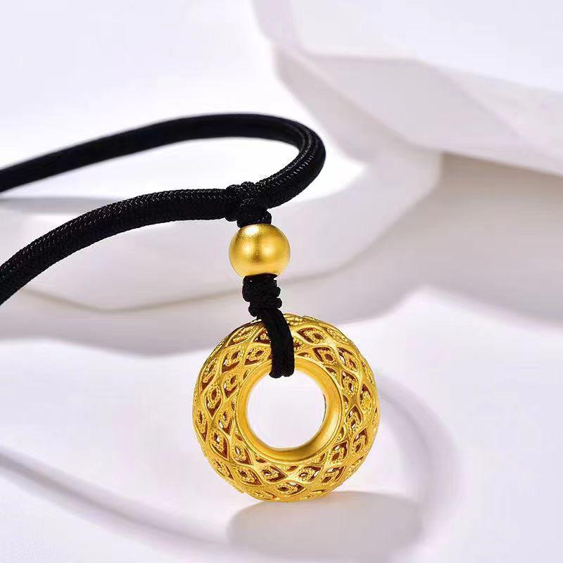 Phoenix Feather Circle Pendant: Vietnamese Sand Gold Filigree Peace Buckle with Red Rope, Unisex Chinese Style Necklace.