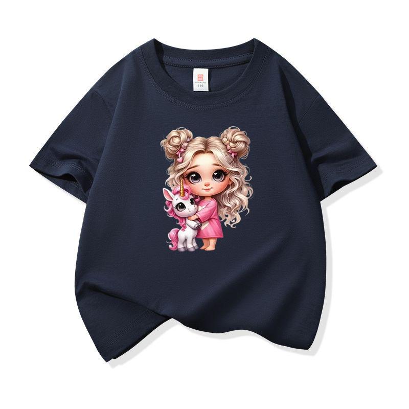 Kids Cotton T Shirt Girl With Pink Unicorn Print Crew Neck Short Sleeve Tee Casual Boys Girls Summer Tops