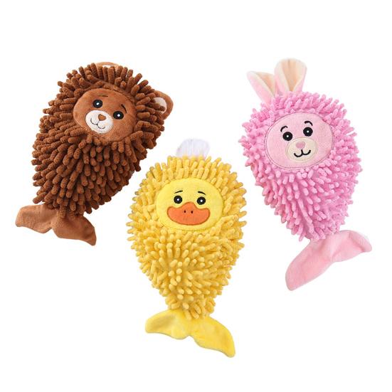 Plush Squeaky Dog Toy Mop Fish Shape Stuffed Crinkle Chew Toy for Aggressive Chewers Interactive Puppy Teeth Cleaning Toy for Small Dogs