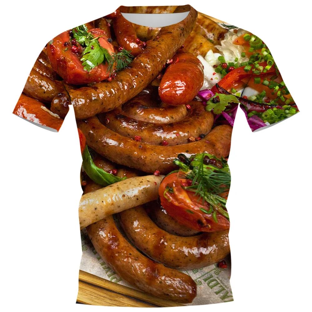 Yummy Food Graphic 3D Print T-shirts Delicacy Grilled Sausages Pullovers Summer Round Neck Fashionable Casual Short Sleeved Men's T-shirts