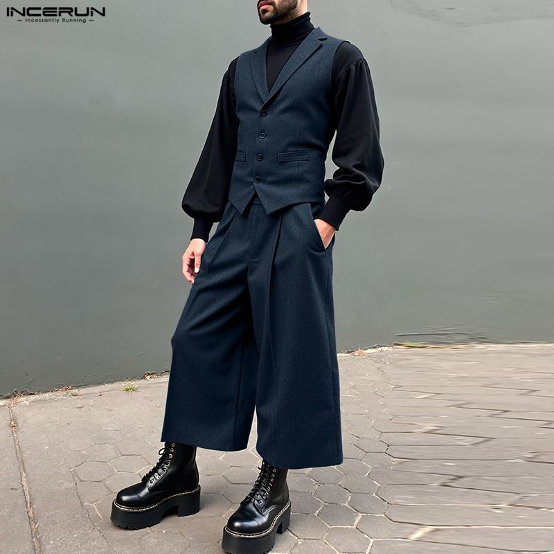 INCERUN Two-piece Suits Men Sleeveless Thin Waistcoat and Cropped Pants Sets