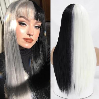Moterų mada Ilgi tiesūs pusiau spalvoti juodi raudoni rožiniai mėlyni Cosplay plaukų perukas su kirpčiukais Ilgas tiesus sintetinio pluošto plaukų priauginimas