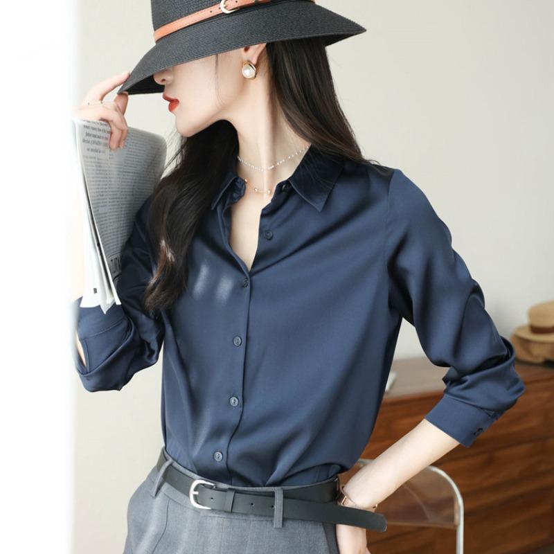 Mote Uformelt kontor Dame satengskjorte Løse lange ermede topper Solid Plus Size Damebluser Elegant Button Up Vintage Enkle Dameskjorter 25678
