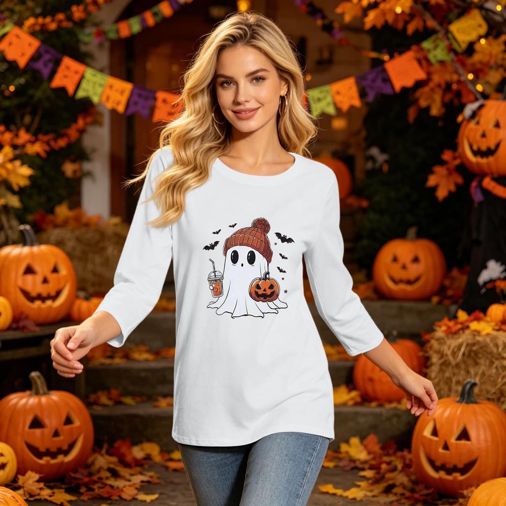 Women's Fashion Casual Halloween Print Three-Quarter Sleeve Neck Top for Fall Festive Wear
