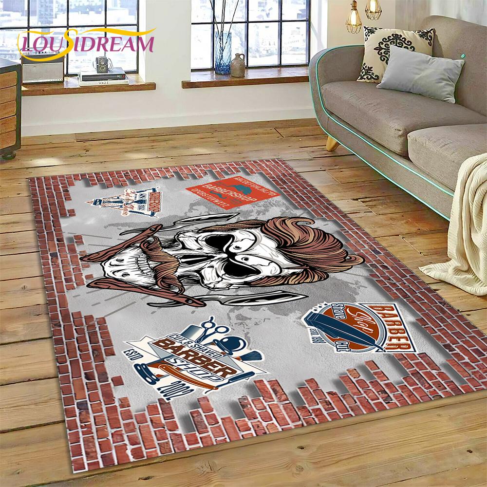 Fashion Barber Shop Logo Skull Vintage Rug Carpet for Living Room Bedroom Decor,Floor Mat Non-slip Decoration for Sofa Doormat