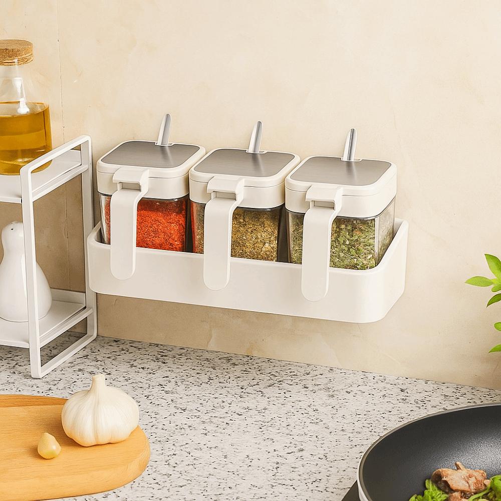No-Drill Installation Spice Jar Removable Condiment Organizer Wall-Mounted Spice Rack Kitchen Use