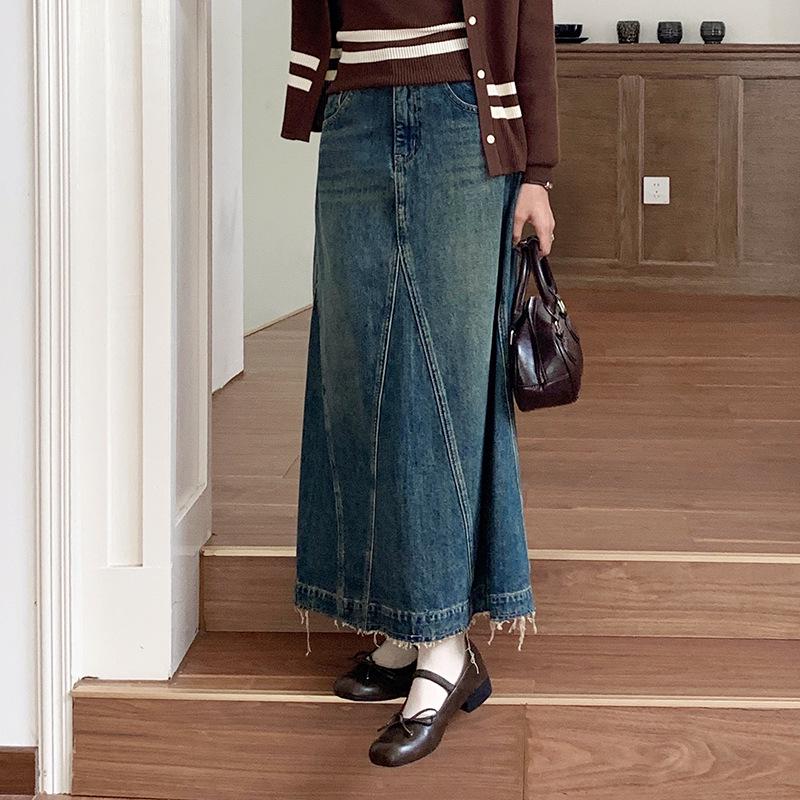 GNY Retro High Waist Denim Midi Skirt - Slimming Autumn 2025 Collection N2D3129 Large