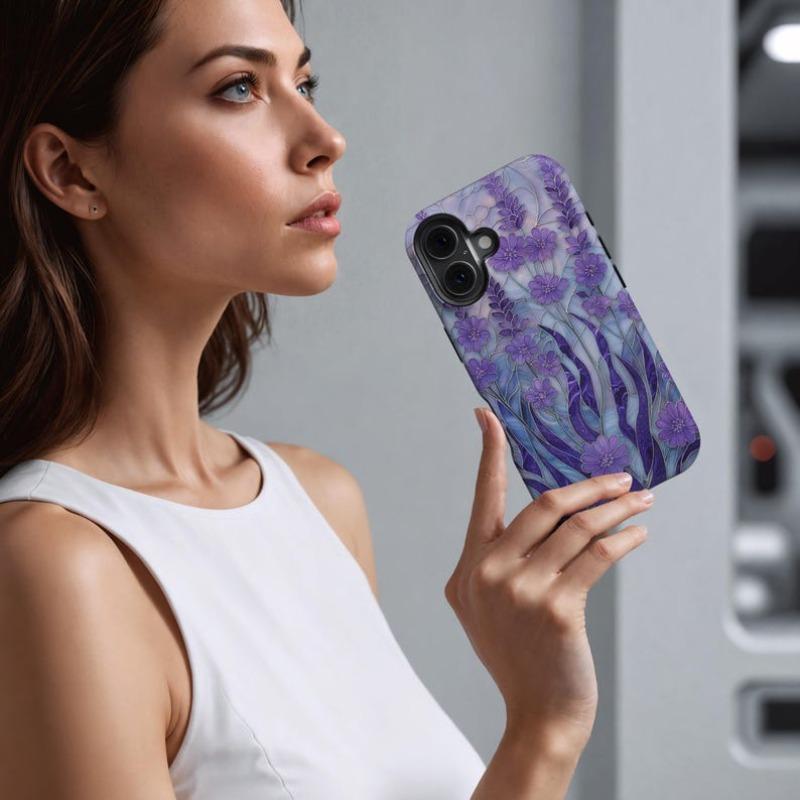 Coque de téléphone Vitrail Lavande Mosaïque Florale Jardin Coque de téléphone compatible pour iPhone 17 Air 16 15 14 13 12 Pro Max Plus Double couche