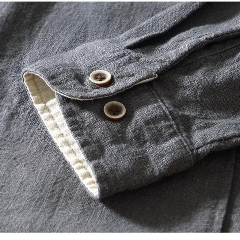 Chinese Style Long Sleeve Men Shirt Traditional Men Clothing Solid Color Stand Collar Cotton Linen Button Shirt Daily Casual Tops Big Pockets