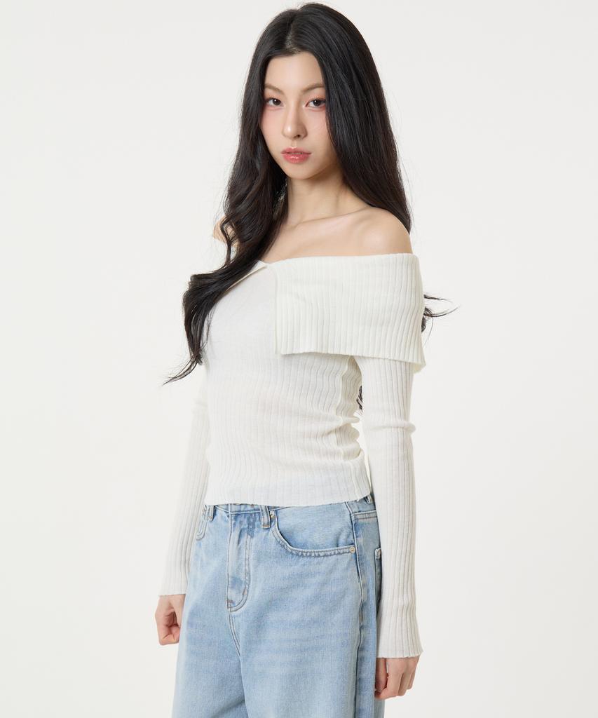 UNKNOWN PLANET Ruffle Boat Neck Long Sleeve Knit Top White