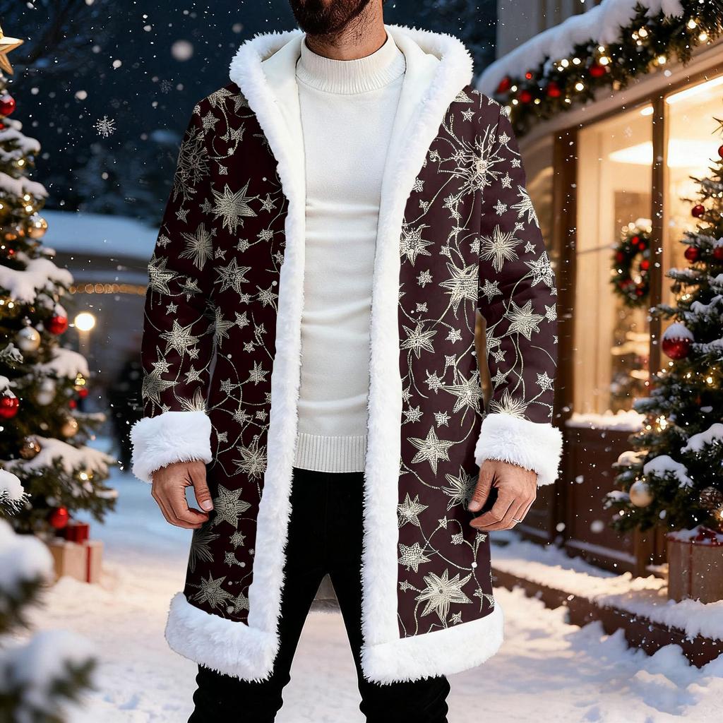 Men's Christmas Long Hooded Cardigan With Pockets Warm Jacket