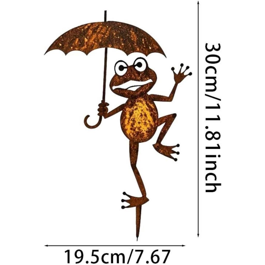 Rusty Metal Frog Garden Stake Iron Frog Holding an Umbrella Silhouette Stake Weather-Resistant Funny Frog Raising Its Foot  (11.8inch)