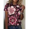 Fashion Women's Crew Neck T-Shirt 3D Flower Color Printing Flower Short Sleeve Crew Neck Short Sleeve