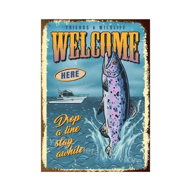Vintage Fishing Rules Metal Tin Sign  Retro Wall Decor Plate for Farmhouse Cabin or Man Cave  Rustic Fishing Poster Plaque an