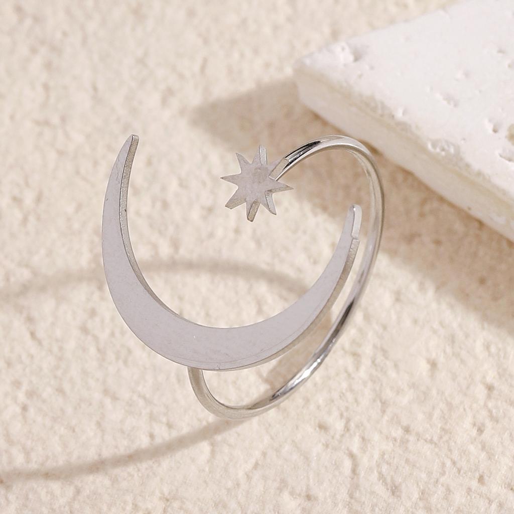 High-End Stainless Steel Open Ring European American Asymmetric Star Moon Design Feminine Temperament Versatile Daily Women Finger Ornament