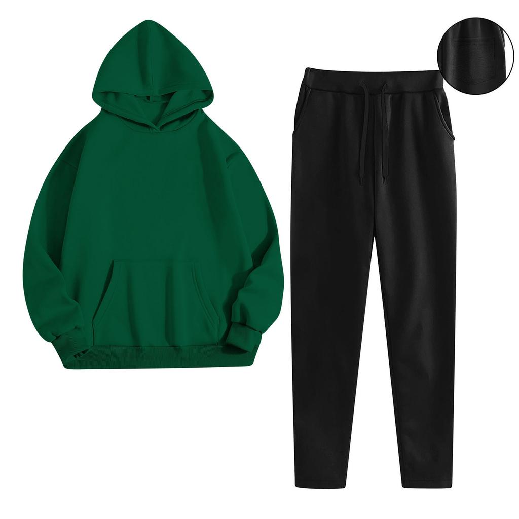 Women's Fashionable Relaxed-Fit Hooded Sweatshirt With Pockets And Fleece-Lined Trousers Set