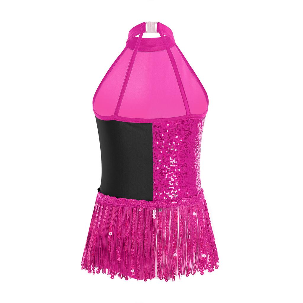 Girls Sequins Modern Jazz Latin Samba Stage Costume Halter Tank Leotard Tassel Dress School Ballroom Dancewear