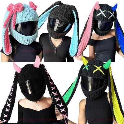 New Motorcycle Helmet Cover Cute Cat Ear Helmet Knitted Cover Handmade Thick Velvet Hat Cover for Women Girl Cosplay Styling