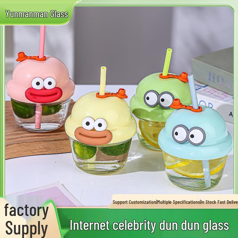 Influencer Mini Dun Dun Straw Cup - Cute, Stylish, High-Value Ins Style Small Glass Cup with Lid